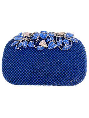 Fawziya Royal Blue Crystal Rhinestone Evening Clutch Bag Ornate Foral Clasp NWOT